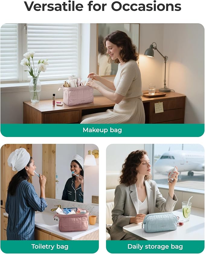 BAGSMART Makeup Bag Travel Toiletry Bag, Puffy Padded Make Up Bags for Women Makeup Organizer Case, Wide-open Pouch Purse Travel Essentials Toiletries Accessories Brushes, Pink