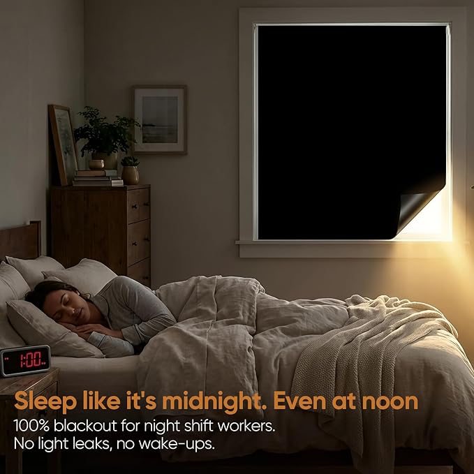 SUNBABY Blackout Window Film, 100% Light Blocking for Daytime Sleep, Total Privacy & UV Sun Blocking, Static Cling No Glue Cover for Bedroom, Nursery, Home Theater, 23.6 x 78.7 Inch with 3 Tools