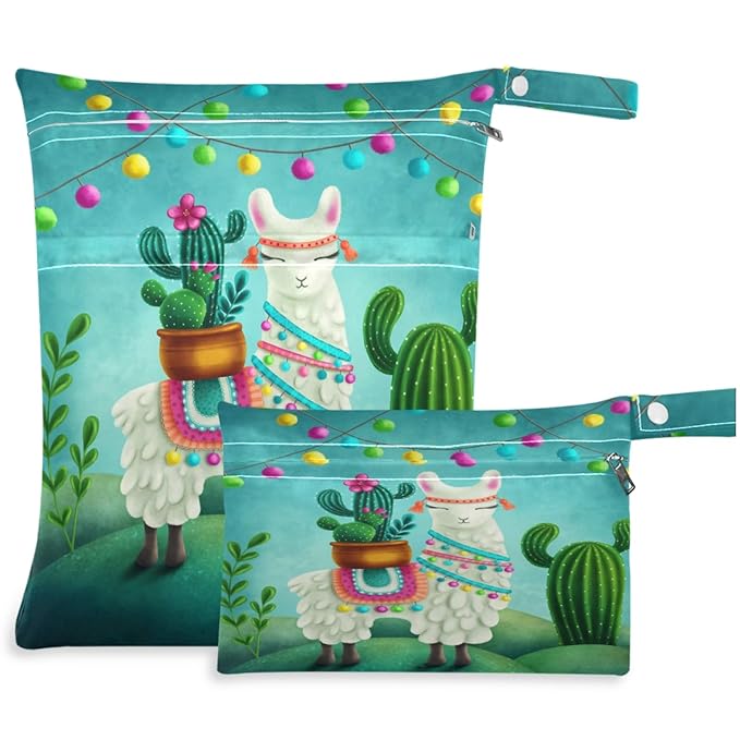visesunny Cute Llama 2Pcs Wet Bag with 2 Zippered Pockets Snap Handle Washable Reusable Roomy for Travel,Beach,Pool,Daycare,Stroller,Diapers,Dirty Gym Clothes, Wet Swimsuits, Toiletrie