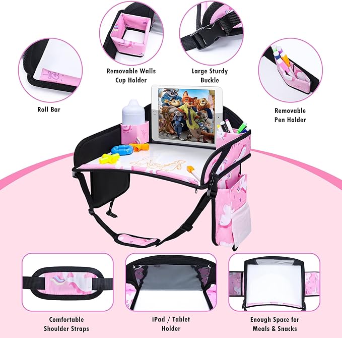 Kids Travel Tray for Toddler Car Seat, Road Trip Activities for Kids with iPad Holder Stand & Dry Erase Board, Road Trip Essentials Accessories Lap Tray as Travel Gifts for Kid, 2PC