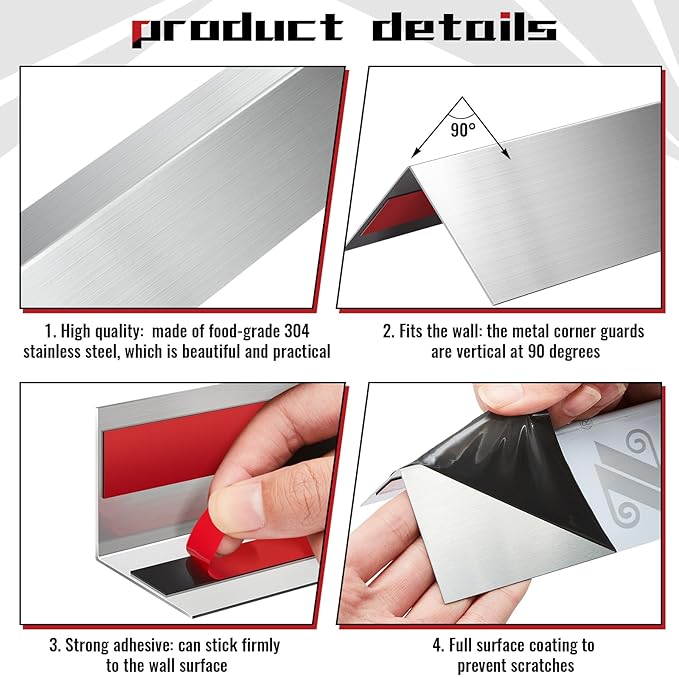 Therwen 10 Pcs 1.5 x 1.5 x 48 Inch 304 Stainless Steel Corner Guards Metal Wall Guard Protector Corner Trim Molding for Door Countertop Furniture Cabinet Protection
