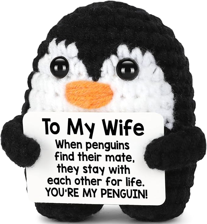 Gifts for Wife Her from Husband Mothers Day, To My Wife Handmade Positive Crochet Mini Funny Penguin, Romantic Wedding Anniversary Birthday Valentines Gifts for Women Her, Small Love Sign Decor