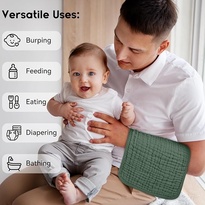 Muslin Burp Cloths for Baby 100% Cotton Burping Cloths for Boys Girls Large 20"X10" Extra Soft and Absorbent 5 Pack - Gradient Green