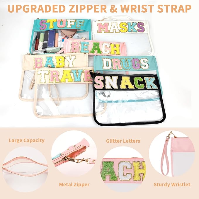 Iqimott Chenille Letter Clear Bag Beach Pouch, Monogram PVC & PU Makeup Cosmetic Bag Zipper Toiletry Pouch, Waterproof Portable Travel Snack Wristlet Bags for Women Girls(Beach, Pink)