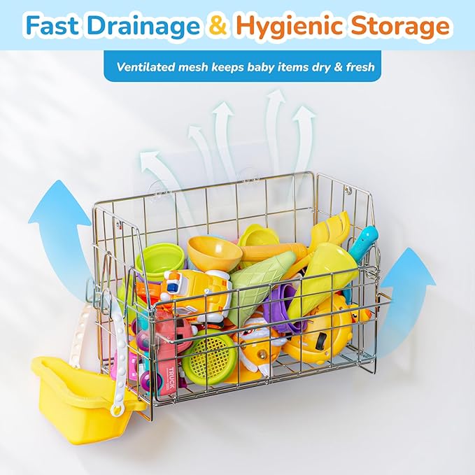 Umimile 304 Stainless Steel Bath Toy Organizer - 8.6L Rustproof Baby Bathtub Toy Storage with Quick-Dry Drain Holes, Mold Resistant Design for Toys/Shampoo, 3-Way Mount (Wall, Hanging, Stand)