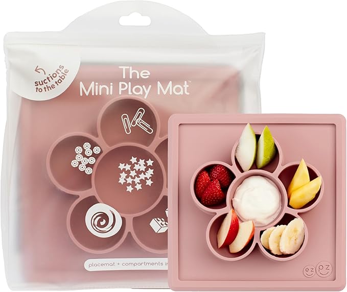 ezpz Mini Play Mat for Baby + Toddler (Blush) - 6 Months+ - Suction Plate with Flower Compartments for Crafts, Painting, Sorting, Snack Time - Promotes Pincer Grip