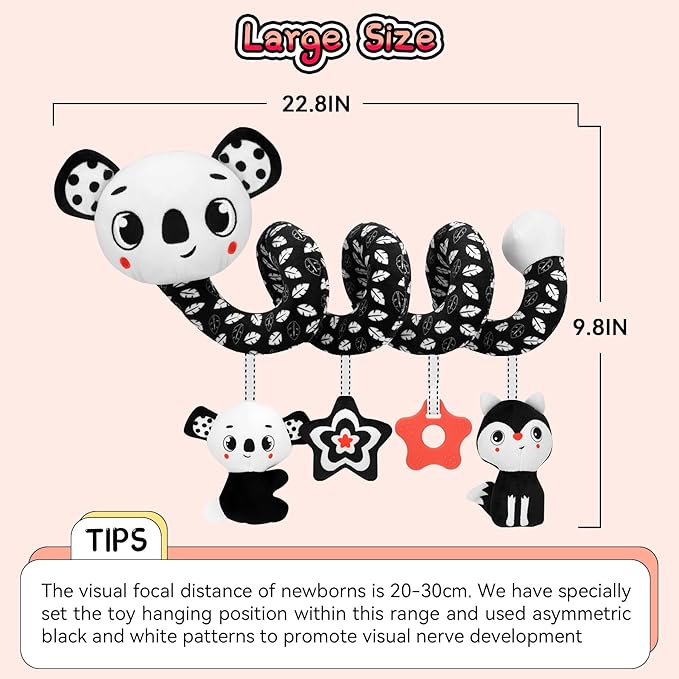 FPVERA Car Seat Toys for Babies 0-6 Months: Travel Baby Toy for Soft Hanging Toys for Carseat, Spiral Plush High Contrast Black and White Toy for Infant Boys Girls