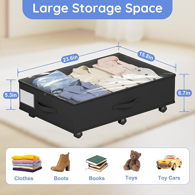 UTOLOVE Under Bed Storage with Wheels, 2-Pack Under Bed Storage Containers with Clear Lids, Under the Beds Storage Organizer Bins With Handles, Under Bed Drawer for Clothes, Shoes, Books, Toys
