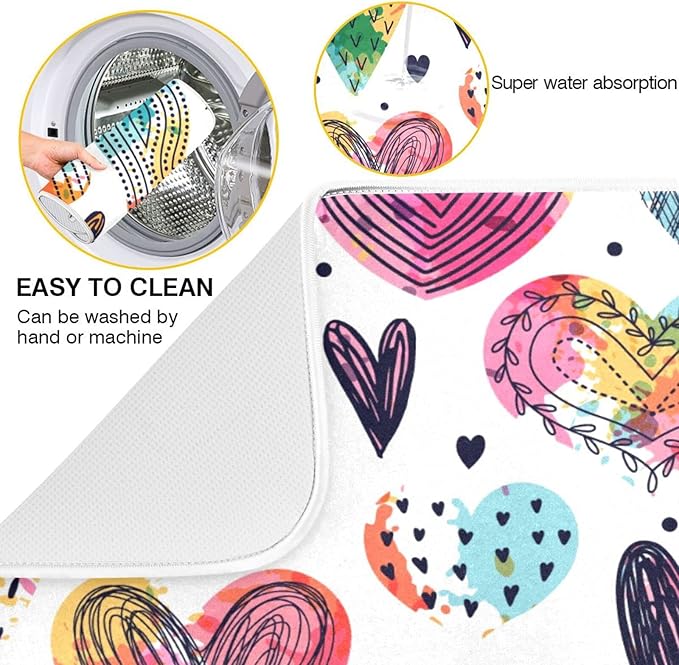 Absorbent Dish Drying Mat for Kitchen Counter - Cute Hearts Colorful Microfiber Drying Pad, Reversible Drainer Mats for Countertop, Large 18" x 24"