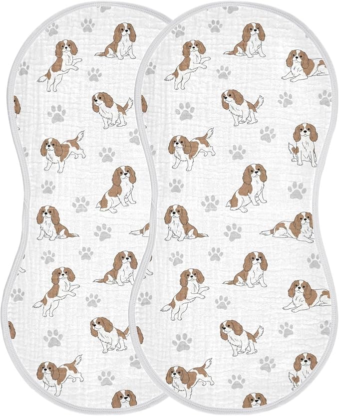 Qinllo 2 Pack Muslin Burp Cloths Cavalier Dogs Paw White Cotton Baby Burp Cloths Absorbent Burping Cloth Soft Spit Up Rags for Newborn Must Haves 22x11 Inch