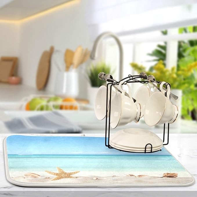 Summer Starfish Dish Drying Mats Seashells Beach Theme for Kitchen Counter Sink 16x18 in, Coastal Dish Draining Mat Baby Bottle Rack Drainer Mat Dry Pad