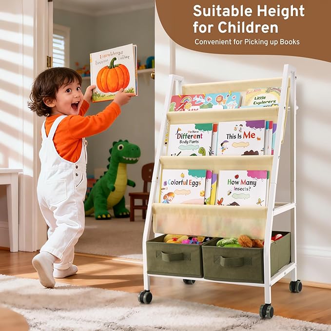 EARLY MINDS 3-Tier Kids Bookshelf with Storage, Wheels & Handle, Montessori Sling Book Organizer for Toddlers, Easy-to-Move Book Shelf, Nursery Bedroom Bookshelf