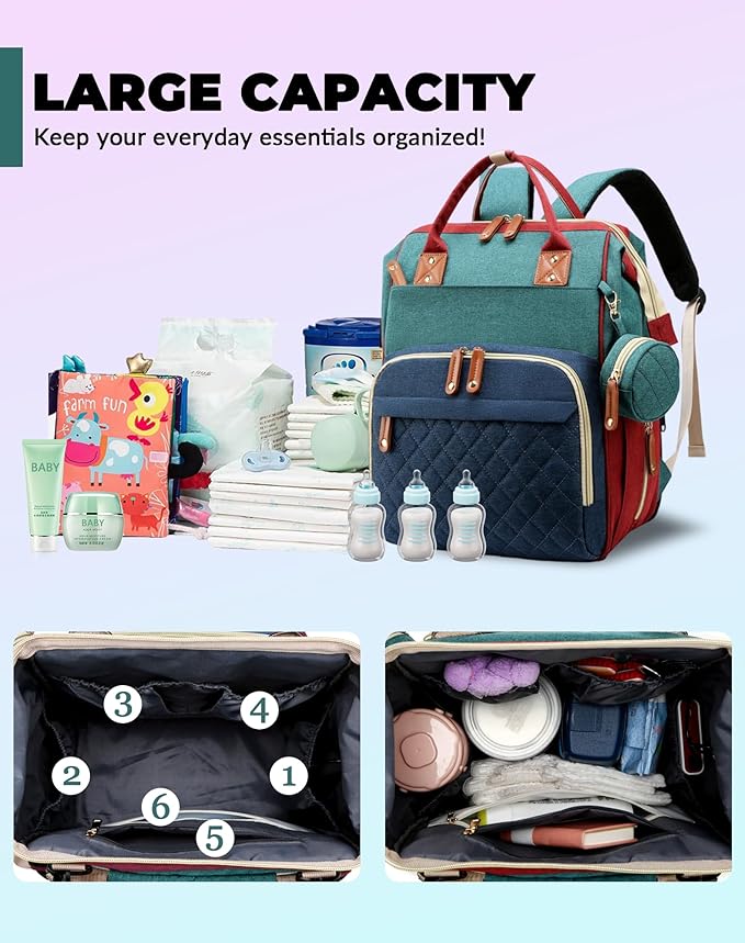 Lamroro Diaper Bag with Changing Station, Waterproof 3 in 1 Diaper Backpack with Foldable Changing Pad, Baby Registry Search &Baby Shower Gifts - Newborn Essentials, Red-Green-Blue