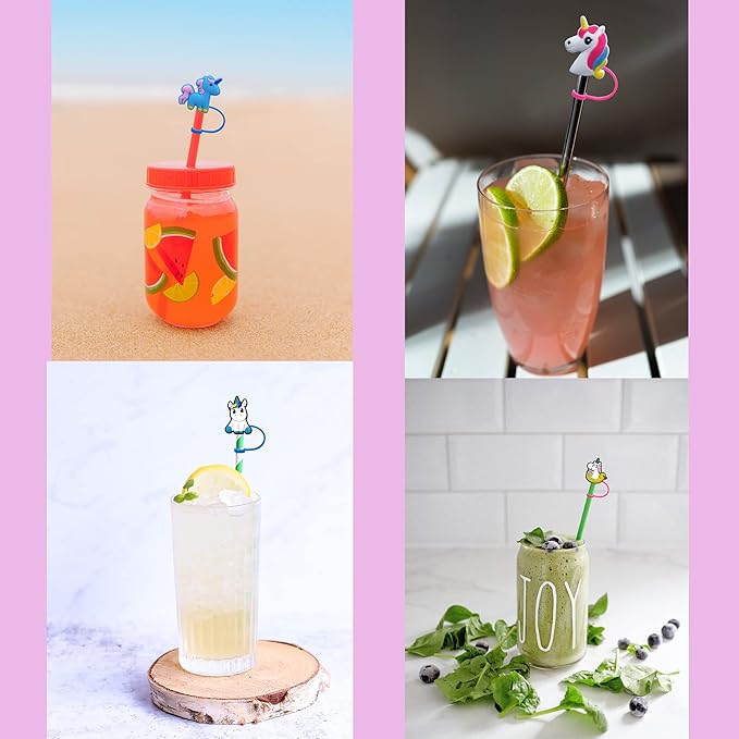 11Pcs Cute Silicone Straw Covers Cap,RENUIS Straw Cap Toppers for Tumblers,Reusable Portable Drinking Straw Tips Lids, Dust-Proof Straw Plugs Soft Protector Cover for 6-8 mm Straws (Unicorn Theme)