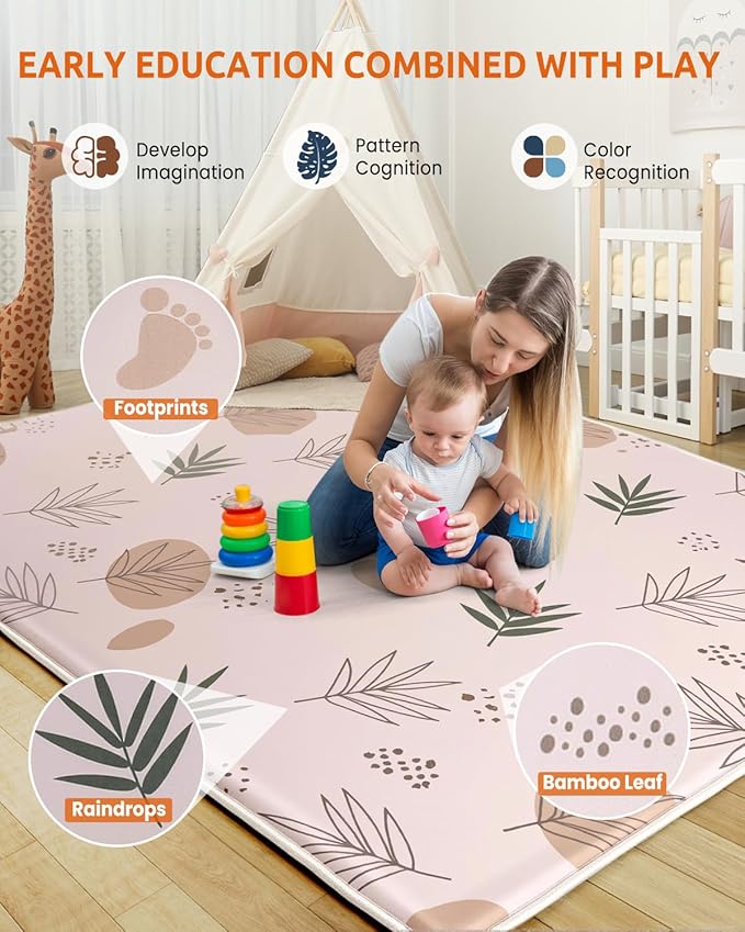 74x50 Playpen Mat Foam Thick, 1 inch Thicker & Waterproof Baby Play Mat for Kids Toddlers Infants Floor Crawling, 1" Cushioning Padded Large Playmat for Indoor Outdoor, Gift for Boys Girls, Boho