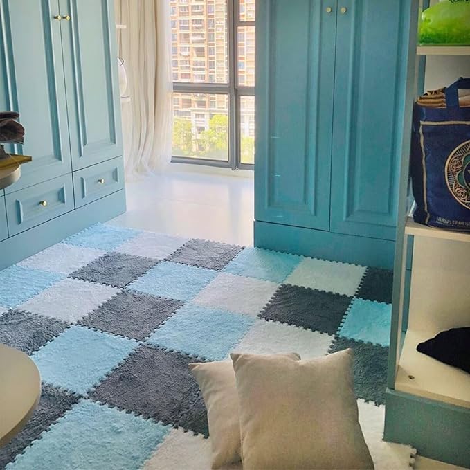 12pcs Plush Puzzle Foam Floor Mat, Cute Soft Fluffy Interlocking Square Foam Tiles Area Rugs Carpet for Parlor Bedroom Decoration(11.8x11.8x0.4in, Grey&White&Light Blue)