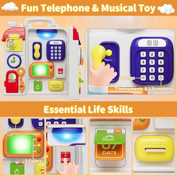 HYES Montessori Busy Board for Toddlers 1-3 2-4，Musical Toy for 12-18 Month Age, Early Educational Learning Birthday for 1 Year Old Boys Girls