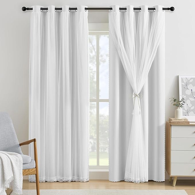 XiDi White Blackout Curtains with Sheer Overlay for Bedroom 84 Inches Long Mix & Match Double Layer Curtains Thermal Insulated Window Treatment White Drapes for Living Room 2 Panels Grommet Top 52x84