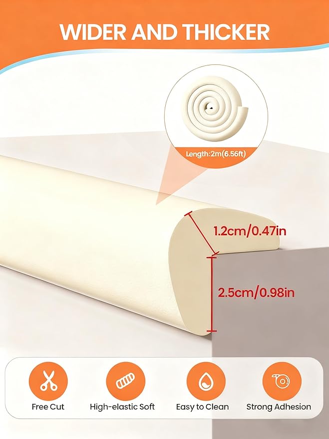 QYV Baby Proof Edge Corner Protector, 6.56FT 0.47''Th L-Shape Furniture Corner & Edge Safety Bumpers with 6 Corners, Pre-Taped, Soft NBR Rubber Foam Desk Edge Cushion Wall Corner Protector（Beige）