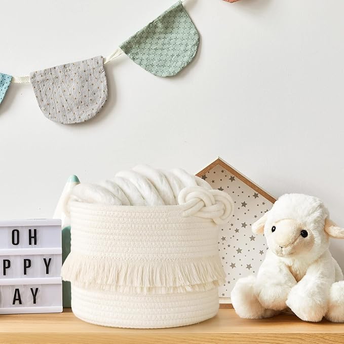 CherryNow Small Woven Storage Baskets, 9.5'' x 7'' inches Cotton Rope Decorative Hamper for Diaper, Blankets, Magazine and Keys, Cute Tassel Nursery Decor - Home Storage Container, Off-white