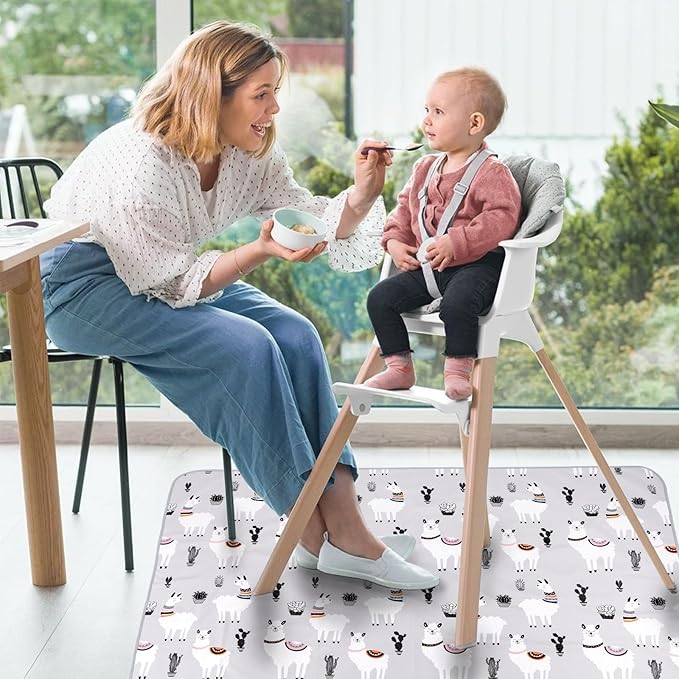 DFHY Waterproof Baby Splat Mat for High Chair and Floor, 60.24 x 60.24 Inch Wipeable, Washable & Anti-Slip Food Mat, Cactus Alpaca Design