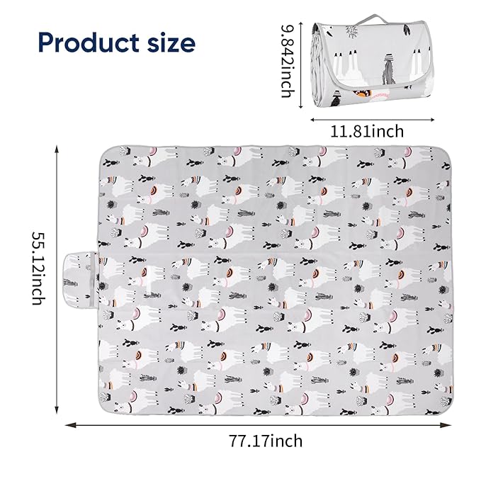 DFHY Outdoor Waterproof Picnic Blanket 55"x70" –Foldable Mat for Beach, Camping, Lightweight Portable Travel Blanket with Carry Bag – Cute Cactus Alpaca Pattern, Sandproof & Easy to Clean