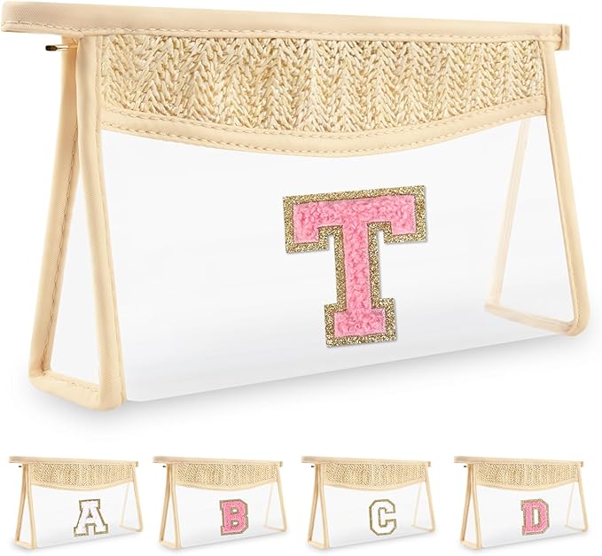 Small Boho Straw Initial Letter Makeup Bag Personalized Gift ,Cute Clear Chenille Patch Makeup Bag With Zipper,Trendy TSA Approved Travel Toiletry Bag,Gift for Women Girls Birthday Friend, Letter T
