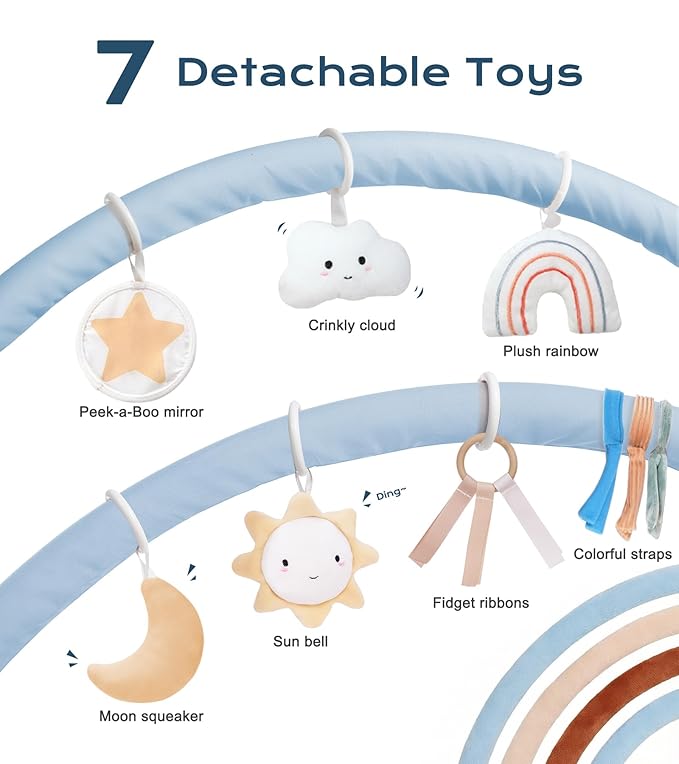 Little Dove Baby Play Gym Mat, Tummy Time Activity Mat with 7 Detachable Toys and 12 Milestone Cards for Stage-Based Sensory and Motor Skill Development, Washable Play Mats for Infant, Blue