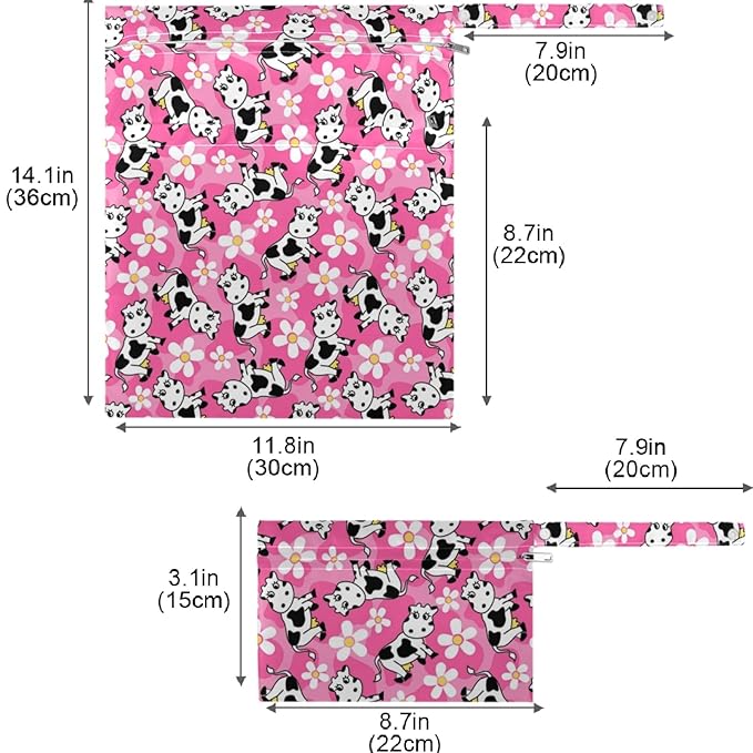 visesunny Cute Cow Flower 2Pcs Wet Bag with 2 Zippered Pockets Snap Handle Washable Reusable Roomy for Travel,Beach,Pool,Daycare,Stroller,Diapers,Dirty Gym Clothes, Wet Swimsuits, Toiletries