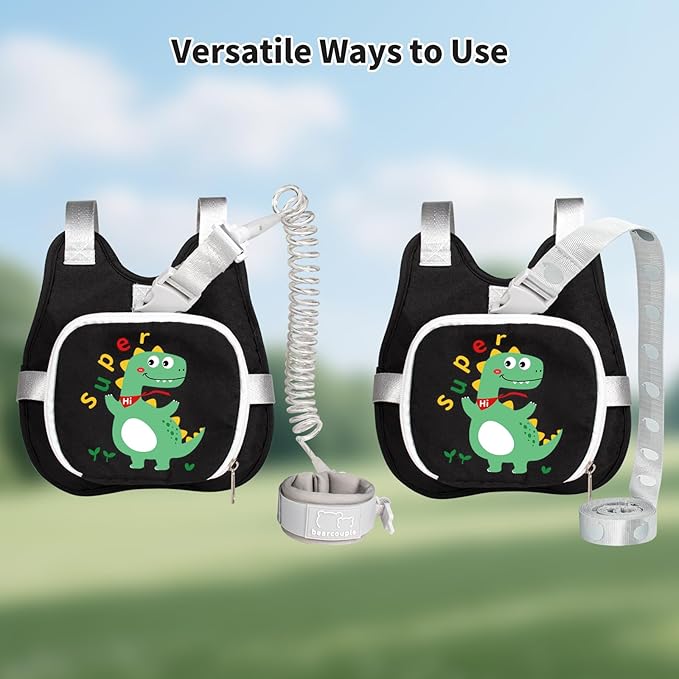 Toddler Harness Backpack Leash with Wrist Link | Cute Dinosaur Anti-Lost Walking Strap for Kids | Foldable & Adjustable Child Safety Belt for Boys & Girls(Black)