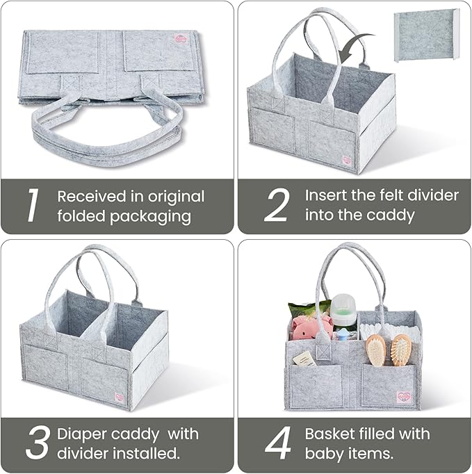 Upgraded Baby Diaper Caddy Organizer, Portable Nursery Storage Bin with Handle, Side Pockets Car Organizer for Diapers and Baby Wipes Essentials, Registry Gift Baskets (Small-Grey)