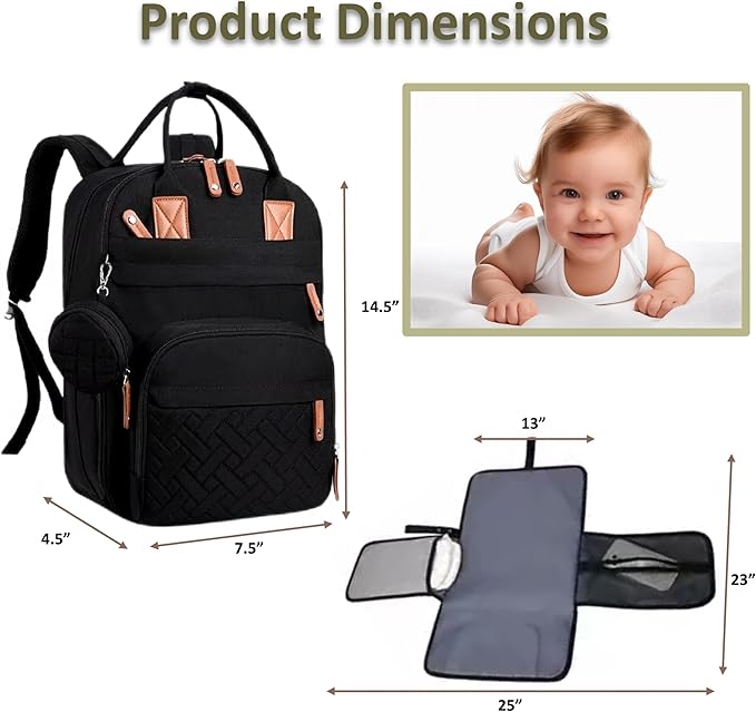Rojnaz Baby Diaper Bag Backpack - Large Sturdy Bag for Boys & Girls, Changing Pad & Pacifier Case, Large Capacity, Insulated Pockets, Waterproof, Stroller Straps & Carry-on Straps, Unisex - Black