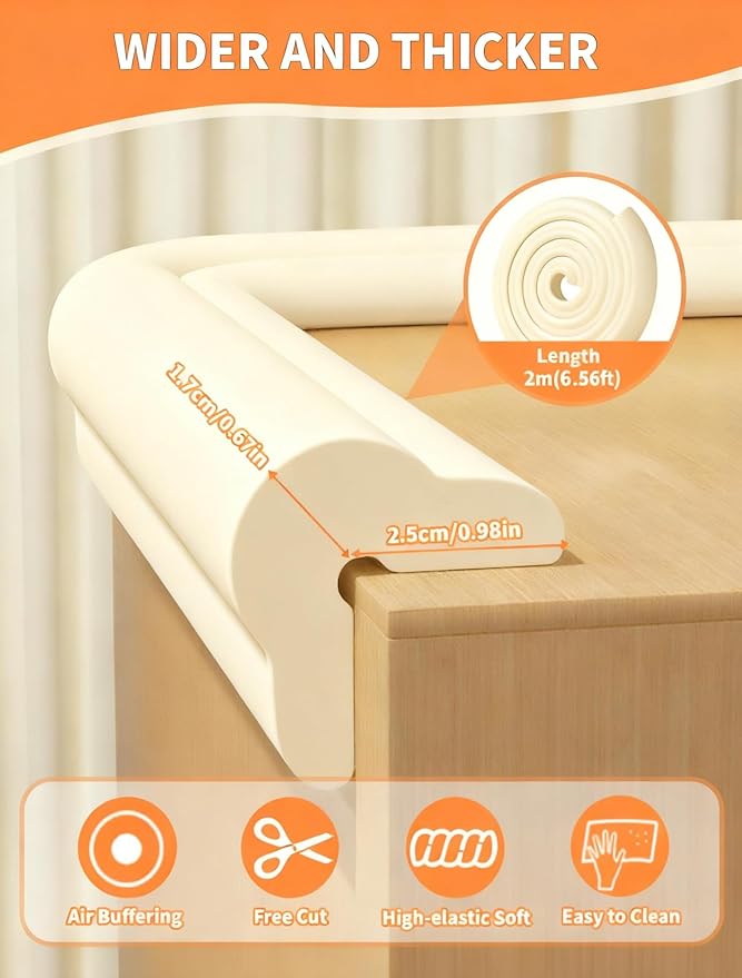 QYV Edge Protector for Baby Proofing, 6.6FT 0.67’’Th L-Shape Air Buffering Soft NBR Rubber Foam Furniture Edge Bumper Guards with 6 Corners, Pre-Taped, Thick Table Bumper Guard for Babies (Beige)