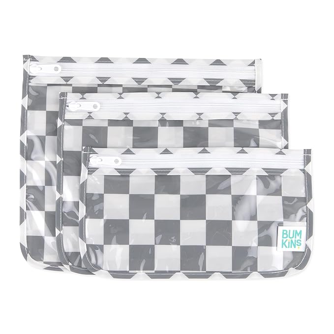 Bumkins Travel Bag, Toiletry, TSA Approved Pouch, Zip Bag, Quart Size Airline Compliant, Clear-Sided, Baby, Diaper Bag Organization, Makeup, Accessories, Packing, Set of 3 Sizes, Gray Check