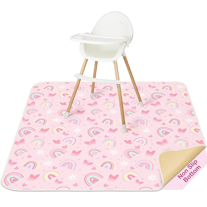 Basumee Splat Mat High Chair Mat Waterproof Baby Play Splat Mat for Under High Chair Food Catcher Highchair Mat for Floor Non Slip Bottom, Pink Rainbow, 51x51 Inches