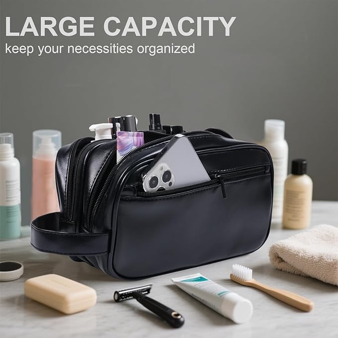 Mens travel toiletry bag, Gift For Men，PU Leather Water Resistant Cosmetic Bag Dopp Kit Shaving Pouch with Large Capacity for Toiletries Accessories(Black)