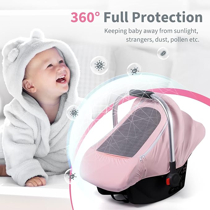 Baby Car Seat Cover, Original Carseat Covers with Adjustable Breathable Mesh Window & Pocket, Stretchy Infant Car Seat Canopy for Girls Boys, Kick-Proof Stroller Cover for All Seasons