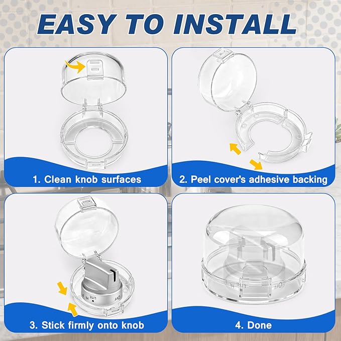 6-Pack Stove Knob Safety Covers - Gas Oven Knob Locks for Diameter Under 2.7 inch, Heat Resistant & Adhesive Base (Clear)