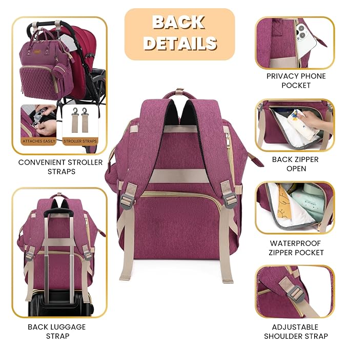 ROSEGIN Diaper Bag Backpack with Changing Pad, Pacifier Case, Baby Bag for Boy Girl Toddler - Large, Stylish, Waterproof Travel Quilted Diaper Bag for Mom - Baby Shower - Purple