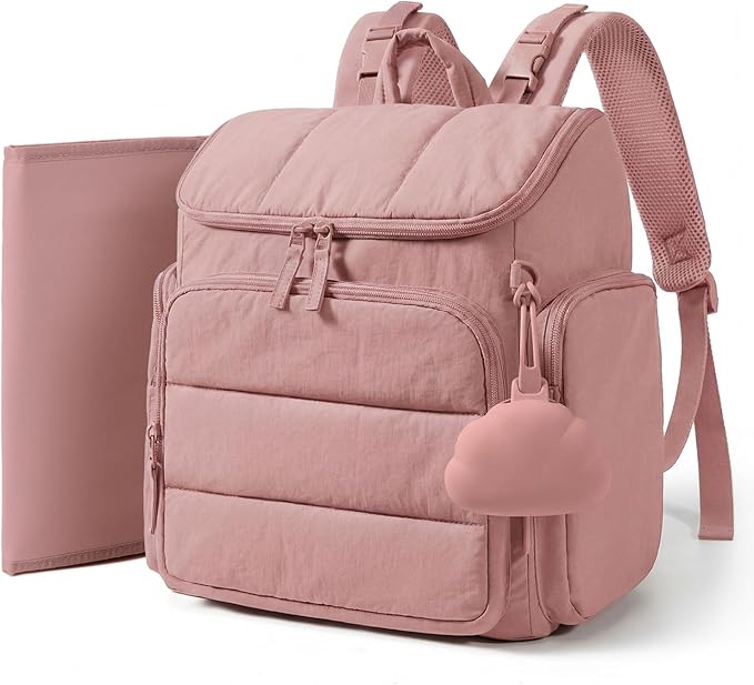 mommore Diaper Bag Backpack, Baby Bag with Waterproof Changing Pad and Stroller Straps for Toddler, Diaper Backpack for Mom Dads with Insulated Pockets & Pacifier Case, Baby Essential, Dark Pink