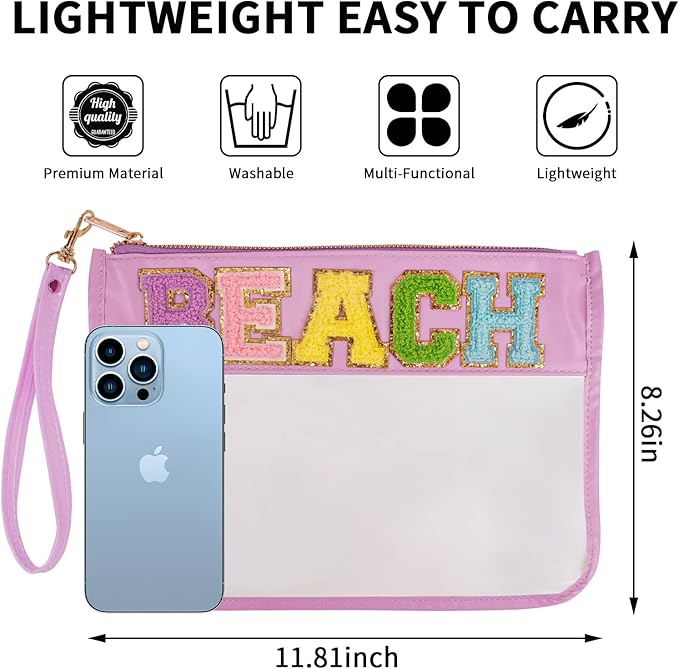 Iqimott Monogram Clear Letter Beach Bag Flat Pouch, Chenille Glitter Letter Patch Makeup Cosmetic Bag Zipper Toiletry Pouch, Portable Travel Beach Snack Wristlet Bags for Women Girls(Beach, Purple)