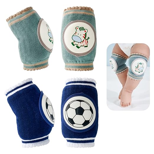 Reidio 2 Pairs Baby Knee Pads for Crawling Breathable Elastic Cotton Crawling Knee Pads Cute Unisex Baby Knee Protector with Sponge Pad for Baby Toddler (Zebra & Football)