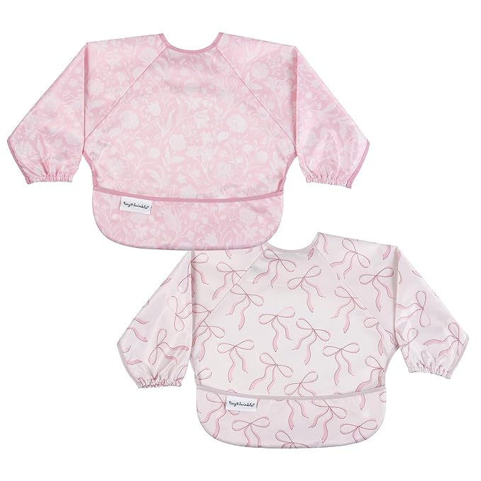 Tiny Twinkle Long Sleeve Bib for Babies & Toddlers | 2-Pack Waterproof Smock Bib for Eating | Machine Washable & Mess-Proof Feeding Essentials | Newborn Shower Gift (Toile,Bows, 6-24M)