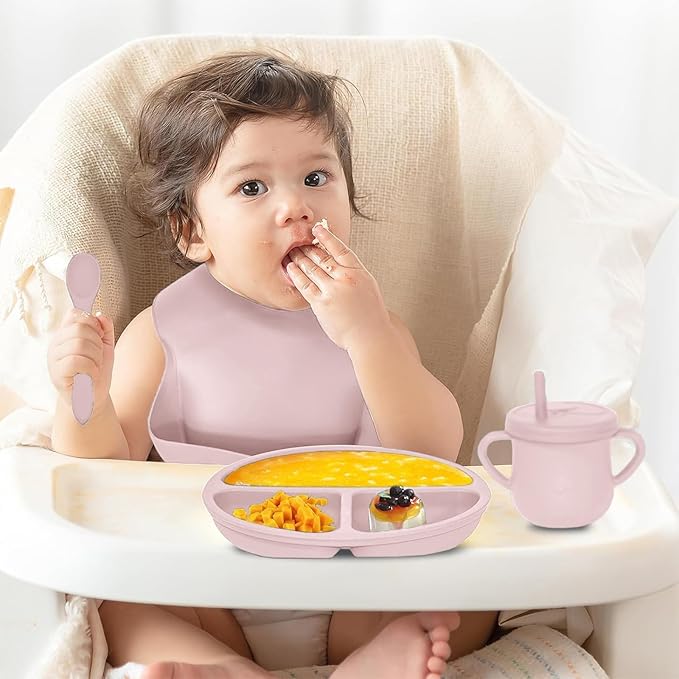 Dormlony 100% Silicone baby feeding set,BPA free Baby dishes set with Suction Bowl Divided Plate,Toddler Self Feeding Dish Set with Spoons Forks Sippy Cup And Bib, Baby Eating Utensils (Lilac)