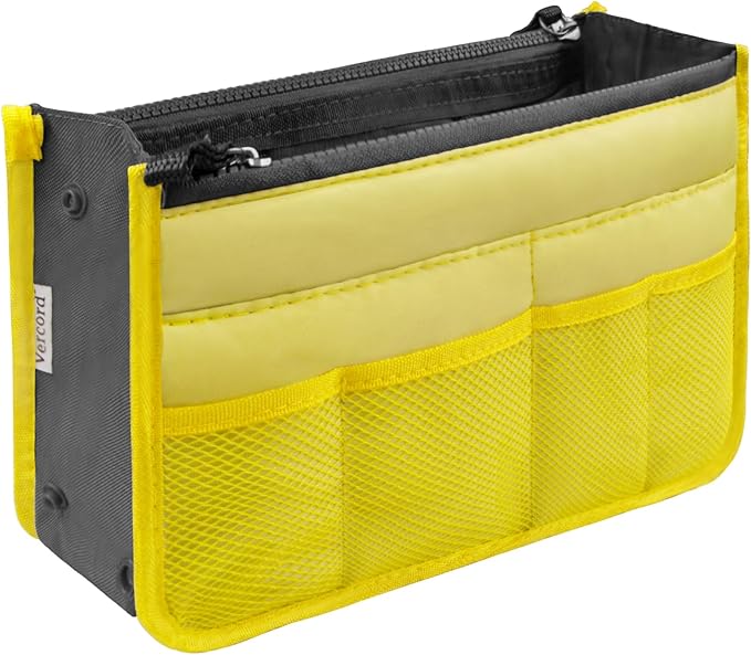 Vercord Purse Organizer Insert for Handbags Bag Organizers Inside Tote Pocketbook Women Nurse Nylon 13 Pockets Yellow Medium