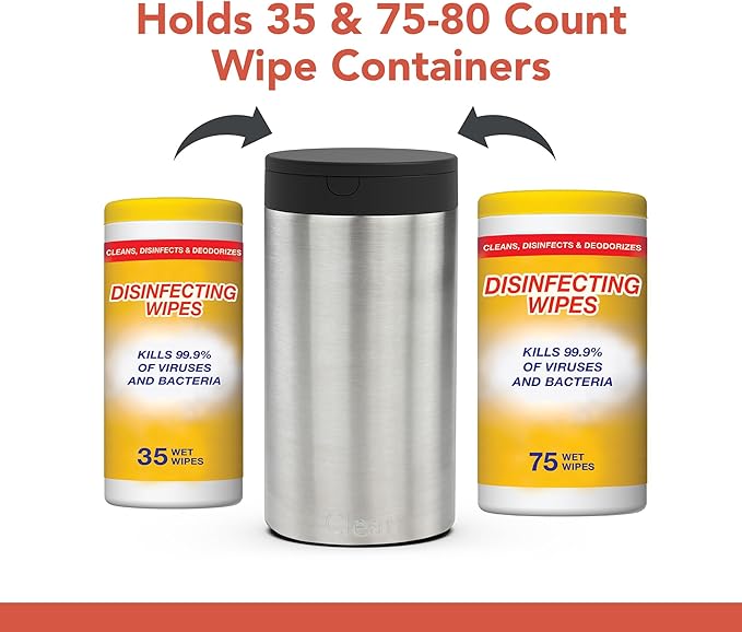 Spectrum Disinfecting Wipes Container Large Satin Nickel Refillable Stainless Steel Wipe Holder for Bathroom Kitchen Classroom, Reuseable Push Button Wet Wipe Dispenser for Cleaning Countertop