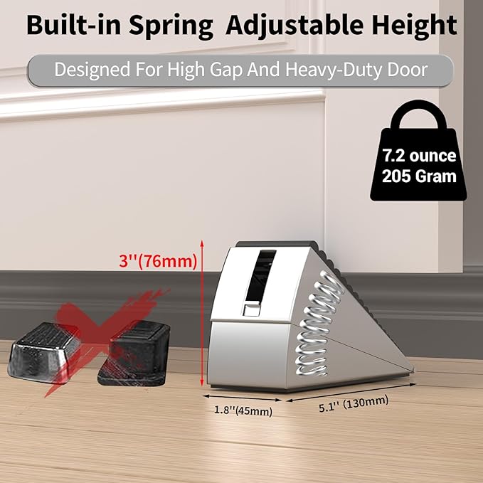 ZDZQJIA Heavy Duty Door Stoppers for Bottom of Door -Adjustable Spring Large Door Stop Wedge, Anti-Slip Rubber Grip,3" High Metal Doorstop Suits Carpet,Tile,Commercial,Home-Silver4Pc+4 Wall Protectors