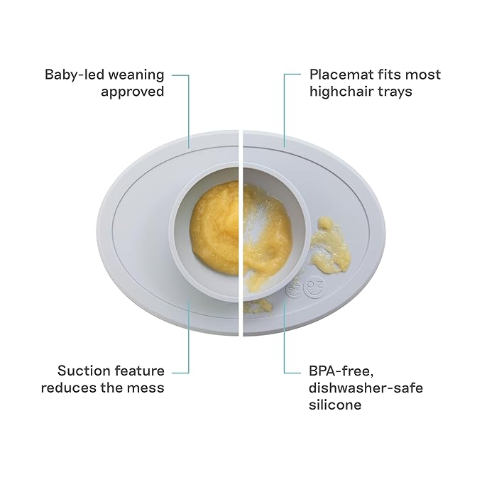 ezpz Tiny Bowl (Pewter) - 6 Months+ - 100% Silicone Suction Placemat + Bowl for Infants - Fits All Highchair Trays - Baby-Led Weaning Supplies