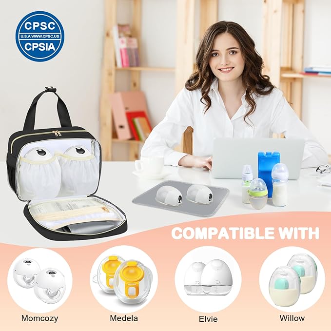 PIIOSER Breastmilk Cooler Travel Bag with Ice Pack, Compatible with Wearable Breast Pumps & Accessories - Breastfeeding On The Go for Nursing & Working Moms, Black
