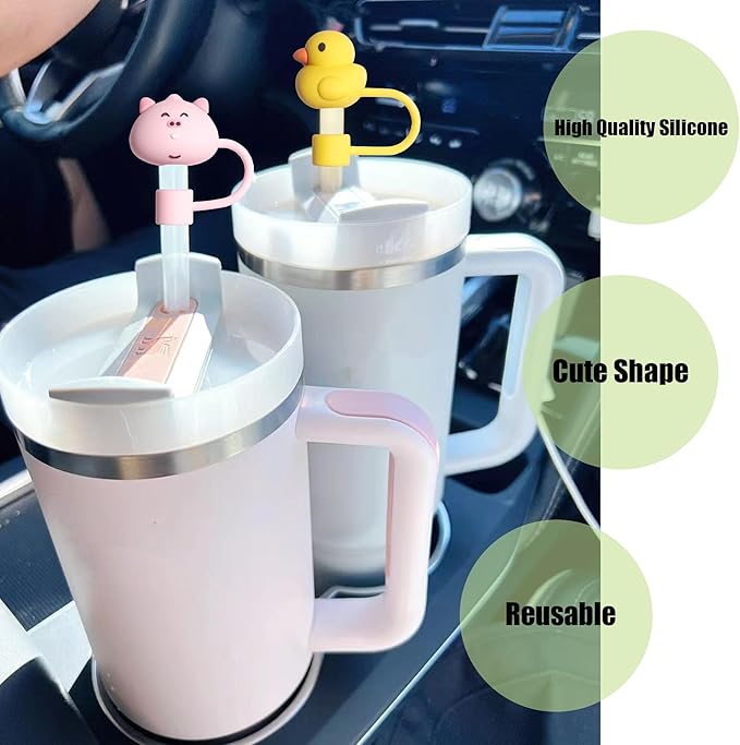 RENUIS 8Pcs Cute 10mm Animal Straw Covers Cap for Stanley Cup,Silicone Straw Toppers Compatible with Stanley 30&40 Oz Tumblers with Handle, Dust-Proof Reusable Lids Tumbler Cup Accessories